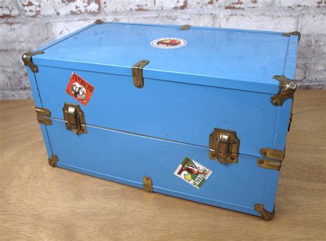 Vintage Blue Metal Doll Steamer Trunk or Case W/ Travel Decals 